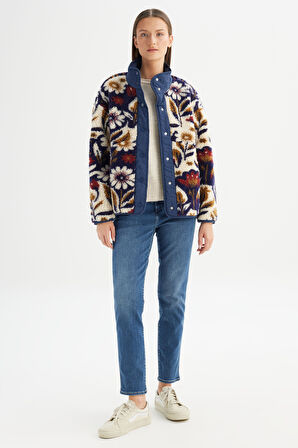Relaxed Fit Geniş Kesim Desenli Çok Renkli Sherpa Ceket