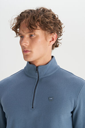 Pamuklu Regular Fit Dik Yaka Fermuarlı Selanik Örgü Sweatshirt