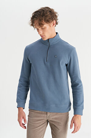 Pamuklu Regular Fit Dik Yaka Fermuarlı Selanik Örgü Sweatshirt
