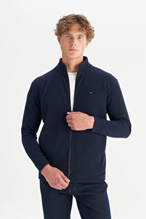 Pamuklu Relaxed Fit Dik Yaka Fermuarlı Selanik Örgü Sweatshirt