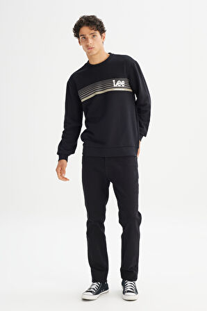 Regular Fit Normal Kesim Bisiklet Yaka Baskılı Siyah Sweatshirt