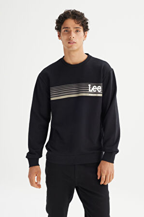 Regular Fit Normal Kesim Bisiklet Yaka Baskılı Siyah Sweatshirt