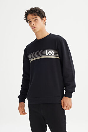 Regular Fit Normal Kesim Bisiklet Yaka Baskılı Siyah Sweatshirt