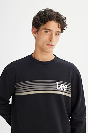 Regular Fit Normal Kesim Bisiklet Yaka Baskılı Siyah Sweatshirt
