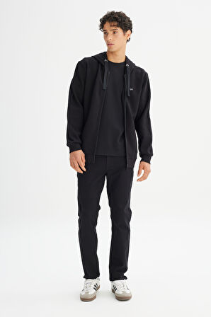 Regular Fit Normal Kesim Kapüşonlu Fermuarlı Siyah Sweatshirt Ceket