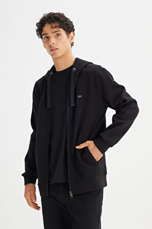 Regular Fit Normal Kesim Kapüşonlu Fermuarlı Siyah Sweatshirt Ceket
