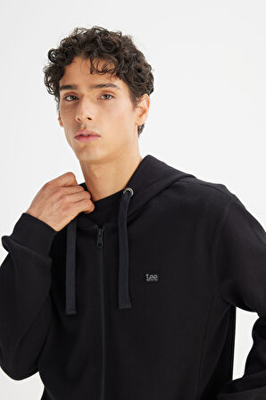 Regular Fit Normal Kesim Kapüşonlu Fermuarlı Siyah Sweatshirt Ceket