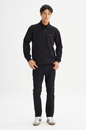 Regular Fit Normal Kesim Kapüşonlu Fermuar Detaylı Siyah Sweatshirt