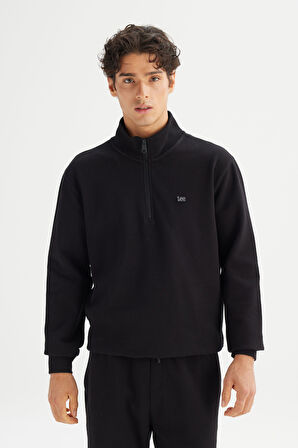 Regular Fit Normal Kesim Kapüşonlu Fermuar Detaylı Siyah Sweatshirt