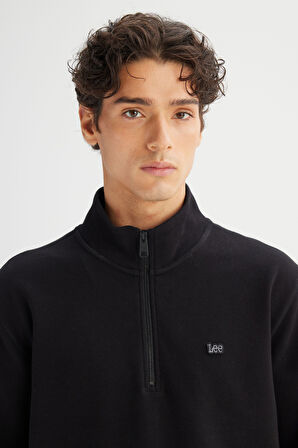 Regular Fit Normal Kesim Kapüşonlu Fermuar Detaylı Siyah Sweatshirt
