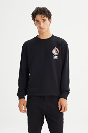 Regular Fit Normal Kesim Bisiklet Yaka Baskılı Siyah Sweatshirt