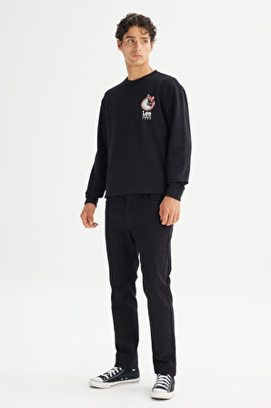 Regular Fit Normal Kesim Bisiklet Yaka Baskılı Siyah Sweatshirt