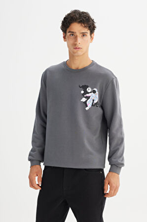 Regular Fit Normal Kesim Bisiklet Yaka Baskılı Antrasit Sweatshirt