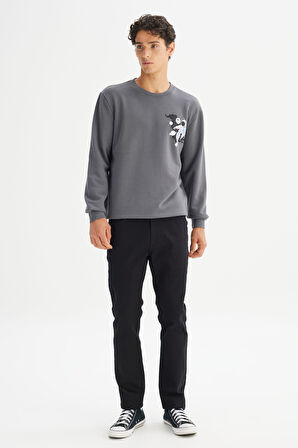 Regular Fit Normal Kesim Bisiklet Yaka Baskılı Antrasit Sweatshirt