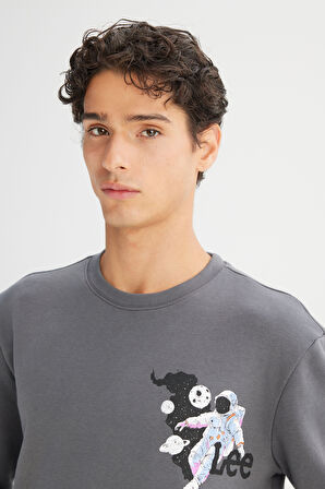 Regular Fit Normal Kesim Bisiklet Yaka Baskılı Antrasit Sweatshirt