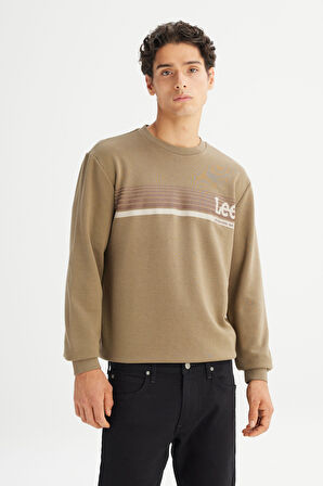 Regular Fit Normal Kesim Bisiklet Yaka Baskılı Haki Sweatshirt