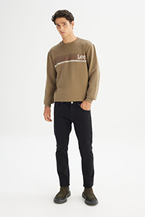 Regular Fit Normal Kesim Bisiklet Yaka Baskılı Haki Sweatshirt