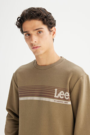 Regular Fit Normal Kesim Bisiklet Yaka Baskılı Haki Sweatshirt