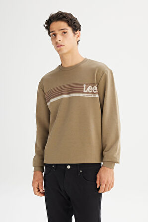 Regular Fit Normal Kesim Bisiklet Yaka Baskılı Haki Sweatshirt