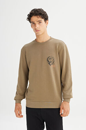 Regular Fit Normal Kesim Bisiklet Yaka Baskılı Haki Sweatshirt