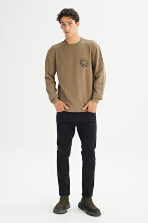 Regular Fit Normal Kesim Bisiklet Yaka Baskılı Haki Sweatshirt