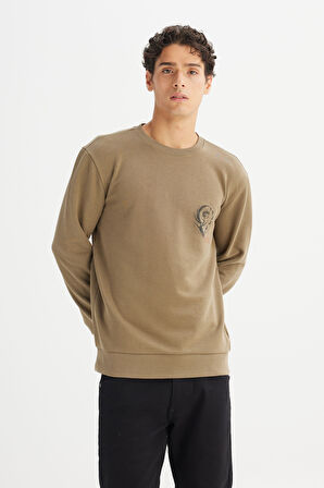 Regular Fit Normal Kesim Bisiklet Yaka Baskılı Haki Sweatshirt
