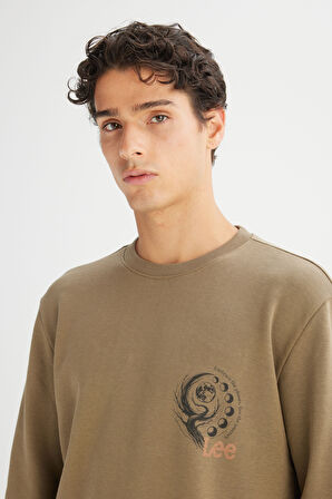 Regular Fit Normal Kesim Bisiklet Yaka Baskılı Haki Sweatshirt