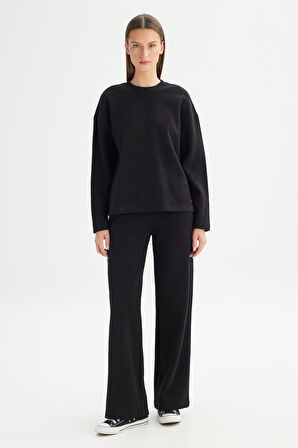 Straight Fit Düz Kesim Normal Bel Siyah Sweatpant Eşofman Altı