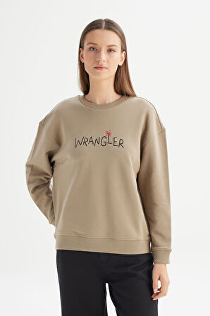 %100 Pamuk Relaxed Fit Geniş Bisiklet Yaka Bej Big Logo Sweatshirt