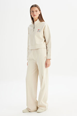 Regular Fit Normal Kesim Fermuar Yaka Detaylı Bej Sweatshirt