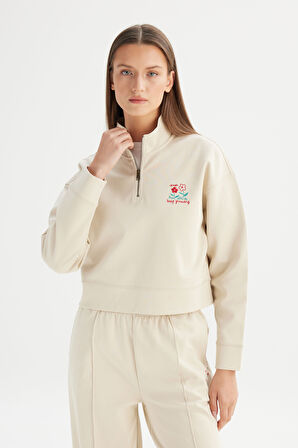 Regular Fit Normal Kesim Fermuar Yaka Detaylı Bej Sweatshirt