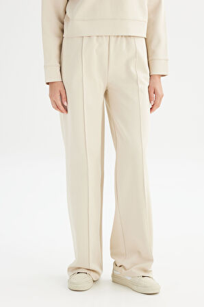 Loose Fit Geniş Paça Bej Pamuklu Esnek Sweatpant