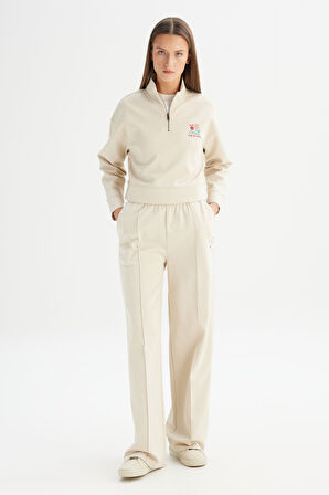 Loose Fit Geniş Paça Bej Pamuklu Esnek Sweatpant