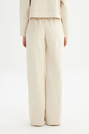 Loose Fit Geniş Paça Bej Pamuklu Esnek Sweatpant