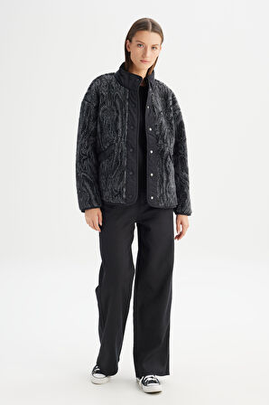 Regular Fit Normal Kesim Desenli Siyah Sherpa Ceket