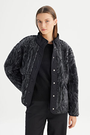 Regular Fit Normal Kesim Desenli Siyah Sherpa Ceket