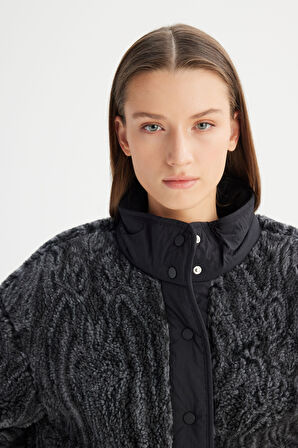Regular Fit Normal Kesim Desenli Siyah Sherpa Ceket