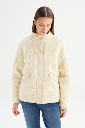 Regular Fit Normal Kesim Desenli Bej Sherpa Ceket