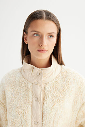 Regular Fit Normal Kesim Desenli Bej Sherpa Ceket