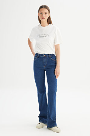 Flare Fit Geniş Paça Yüksek Bel Mavi Pamuklu Esnek Denim Jean Pantolon