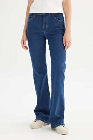 Flare Fit Geniş Paça Yüksek Bel Mavi Pamuklu Esnek Denim Jean Pantolon