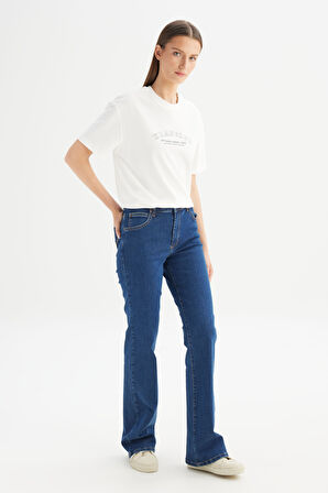 Flare Fit Geniş Paça Yüksek Bel Mavi Pamuklu Esnek Denim Jean Pantolon