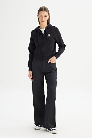 Regular Fit Normal Kesim Kapüşonlu İçi Polarlı Fermuarlı Siyah Sweatshirt Ceket
