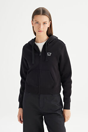 Regular Fit Normal Kesim Kapüşonlu İçi Polarlı Fermuarlı Siyah Sweatshirt Ceket