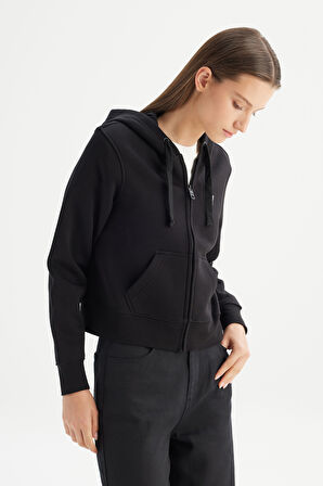 Regular Fit Normal Kesim Kapüşonlu İçi Polarlı Fermuarlı Siyah Sweatshirt Ceket