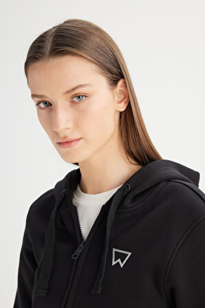 Regular Fit Normal Kesim Kapüşonlu İçi Polarlı Fermuarlı Siyah Sweatshirt Ceket