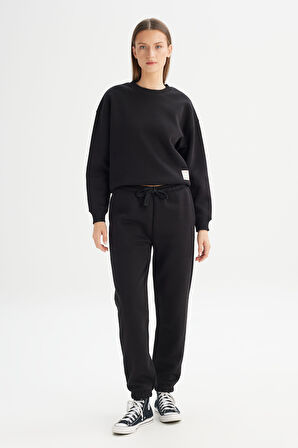 Relaxed Fit Geniş Kesim Bisiklet Yaka İçi Polarlı Siyah Sweatshirt