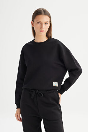 Relaxed Fit Geniş Kesim Bisiklet Yaka İçi Polarlı Siyah Sweatshirt