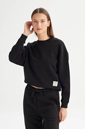 Relaxed Fit Geniş Kesim Bisiklet Yaka İçi Polarlı Siyah Sweatshirt