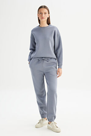 Relaxed Fit Geniş Kesim Bisiklet Yaka İçi Polarlı Mavi Sweatshirt